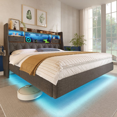 Abrihome Grey Linen 4Ft6 Floating Double Bed With Led LightsUsb-C Charging & Storage Headboard from B&Q