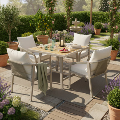 Abrihome Beige 4-Seater Garden Dining Set With Galvanised Iron FrameWoven Rope Chairs & Plastic Wood Table With Umbrella Hole from B&Q