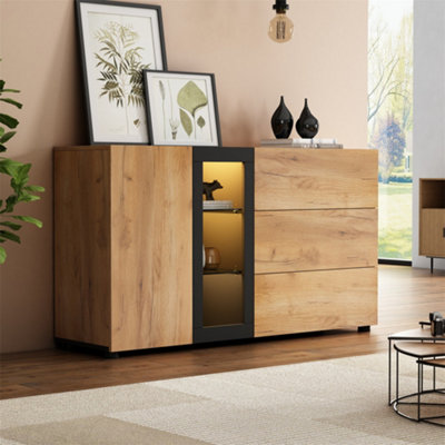 Abrihome 140X40X80CmModern Sideboard With Glass Accents3-Drawer Storage Cabinet & Console Table For Living RoomsBlack+Brown from B&Q