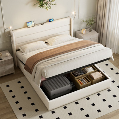 Abrihome 150X200Cm Upholstered Bed Frame With Charging StationLinen Hydraulic Storage Bed With Adjustable Led Reading LightBeige from B&Q