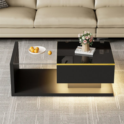 Abrihome 90Cm High-Gloss Led Coffee TableSide Table With Glass Top & Ambient LightingModern Living Room CentrepieceBlack from B&Q