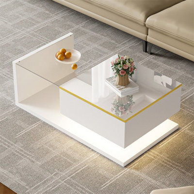 Abrihome 90Cm High-Gloss Led Coffee TableSide Table With Glass Top & Ambient LightingModern Living Room CentrepieceWhite from B&Q