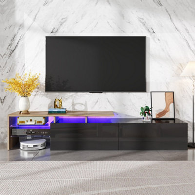 Abrihome Modern Tv Unit Stylish Cabinet With Glass Shelves & Integrated Led LightingPractical StorageBlack & Wood & Natural from B&Q