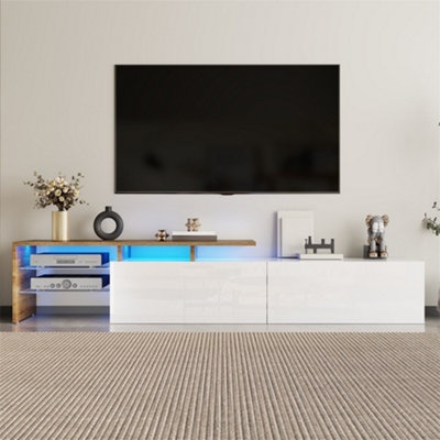 Abrihome Modern Tv Unit Stylish Cabinet With Glass Shelves & Integrated Led LightingPractical Storage For Living RoomsWhite & Wood from B&Q