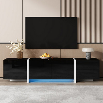 Abrihome Black High-Gloss Tv Unit With White LegsMinimalist Cabinet With Doors & DrawersModern Media Storage For Living Rooms from B&Q