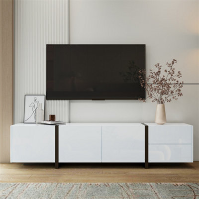 Abrihome White High-Gloss Tv Unit With Black LegsMinimalist Cabinet With Doors & DrawersModern Media Storage For Living Rooms from B&Q