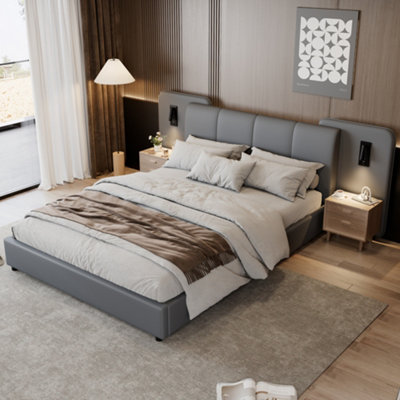 Abrihome 4Ft6 Upholstered Double Bed With Charging Port & Led LightingSoft Padded Headboard With Anti-Collision EdgesGrey from B&Q