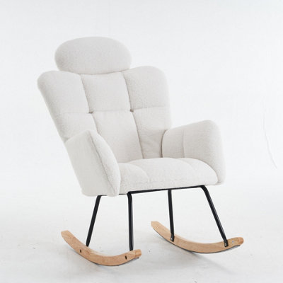Abrihome Soft Teddy Fabric Tufted Upholstered Rocking Chair Padded Seat With Headrest For Living Room Bedroom,ivory White from B&Q
