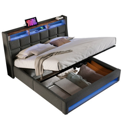 Abrihome Upgraded 6Ft Super King Bed With Led Lights & Usb ChargingStorage HeadboardGrey Linen Upholstery (180X200Cm) from B&Q