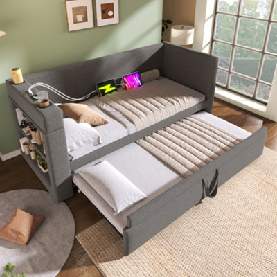 Abrihome 3Ft Upholstered Daybed With TrundleUsb/type-C Charging & Cup HoldersGrey Linen90X190Cm from B&Q