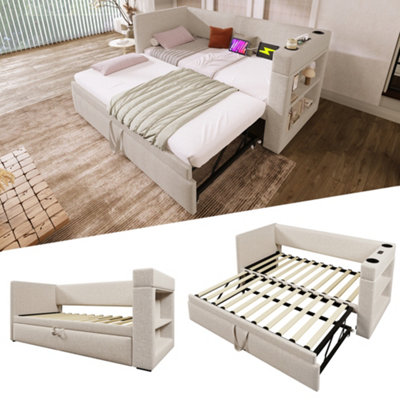 Abrihome 3Ft Upholstered Daybed With TrundleUsb/type-C Charging & Cup Holders90X190CmBeige Linen Sofa Bed from B&Q