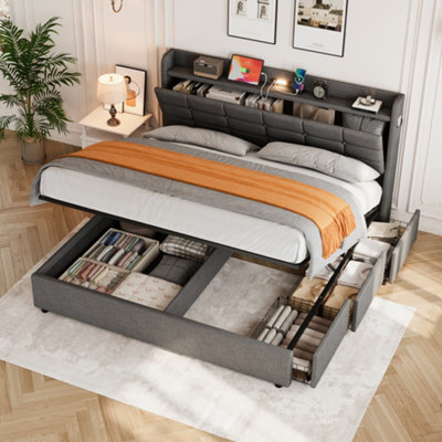 Abrihome 5Ft King Bed Frame With Hydraulic StorageLinen UpholsteredHeadboard DrawersCharging Station & Led LightGrey from B&Q