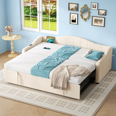 Abrihome 3Ft Velvet Sofa Bed With Charging Station & Trundle90X190Cm Daybed With Usb/type-C Ports For Living RoomBedroomBeige from B&Q