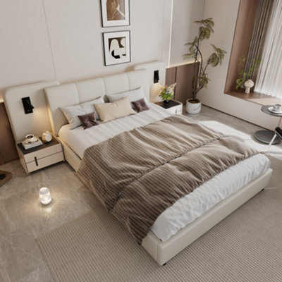 Abrihome 4Ft6 Double Upholstered Bed With Charging Port & Led LightingSoft HeadboardStorage Bed FrameBeige from B&Q