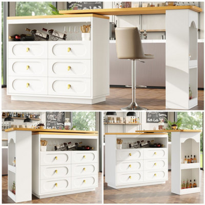 Abrihome Rotating Bar Table With Storage (137X39X90Cm)Mobile Kitchen Island With Spice Rack6 Drawers & Open ShelvesWhite from B&Q