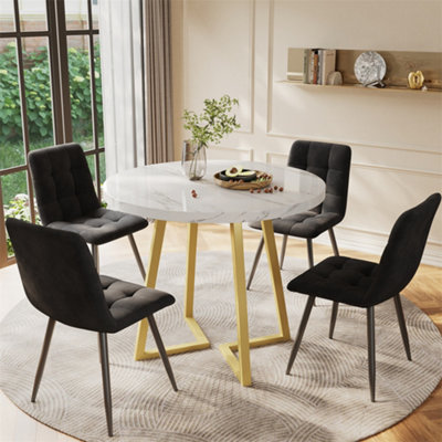 Abrihome 5-Piece Round Dining SetWhite Mdf Table With Gold Metal Legs & 4 Black Velvet Chairs80Cm Kitchen Table For Compact Spaces from B&Q