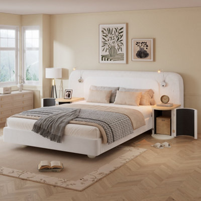 Abrihome Upholstered Double Bed With Built-In Nightstands & Reading Lights4Ft6 (135X190Cm)Velvet & PlywoodBeige from B&Q