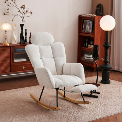 Abrihome Teddy Fabric Tufted Upholstered Rocking Chair Padded Seat With Headrest And Foldable Footrest For Living Room Bedroom,ivory White from B&Q