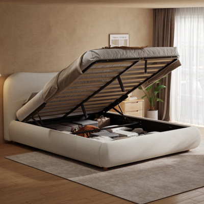 Abrihome 4Ft6 Ottoman Storage Bed Frame With Boucle Fabric & Curved Headboard135X190Cm Double Upholstered BedCornersWarm White from B&Q