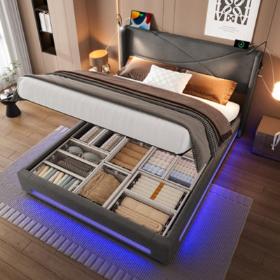 Abrihome Modern Bed Frame With Led Lighting & Hydraulic StorageKing Size 150X200Cm With Integrated Reading LampsUsb/type-C Ports from B&Q