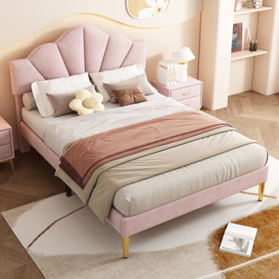 Abrihome Pink Velvet Upholstered Double Bed With Adjustable Headboard & Golden LegsShell-Like Bed Frame With Wooden Slats (135X190Cm) from B&Q