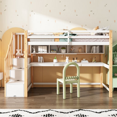 Abrihome White & Natural Pine Wood Bunk Bed With Storage StairsDesk & Shelves90X190Cm Children's Loft Bed With Slatted Frame from B&Q