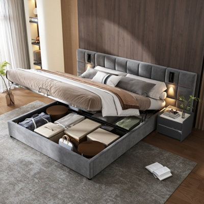 Abrihome 5Ft Grey Velvet Hydraulic Storage BedKing Size Upholstered Bed With Directional LampUsb Charging & Wide Headboard (150X200Cm) from B&Q