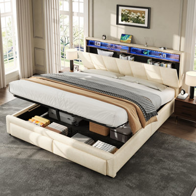 Abrihome 5Ft King Upholstered Bed With Hydraulic Storage & Led HeadboardAdjustable Headboard Storage Bed Frame With Charging Station from B&Q