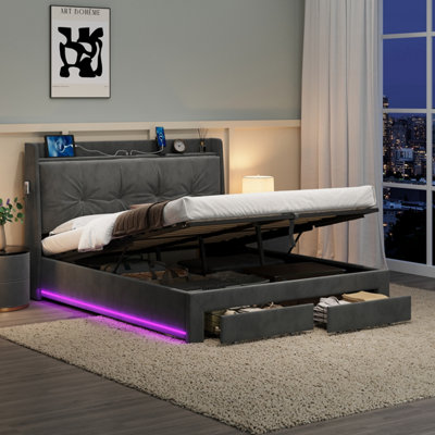 Abrihome 4Ft6 Double Velvet Hydraulic Storage Bed With Led Headboard & Charging StationGrey Ottoman Bed FrameRgb LightsNo Mattress from B&Q