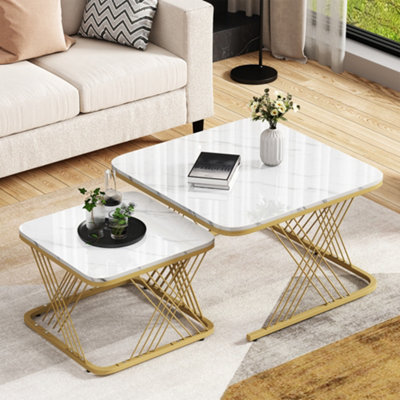 Abrihome Nesting Coffee Table Set (2Pcs)Square Marble Pattern White TopMulti-Functional Side/end Tables For Living Room70X70X43Cm from B&Q