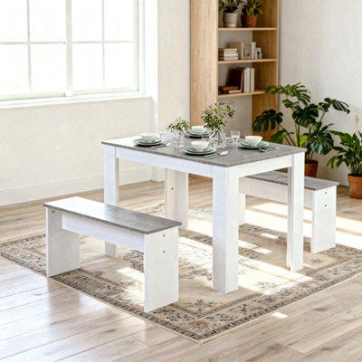 Abrihome White Marble-Look 3-Piece Dining SetCompact TableBenches from B&Q
