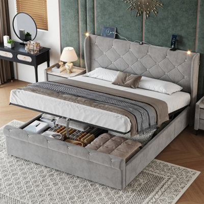 Abrihome 4Ft6 Double Upholstered Storage Bed With Usb-CHeadboard Lights & ChargingGrey Velvet from B&Q