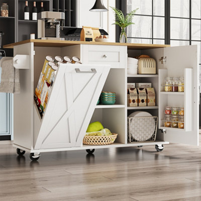 B&Q -  Modern Kitchen Island With Built-In Bin CabinetMultifunctional Dining Table StorageExtendable Serving Cart With Snack Shelves