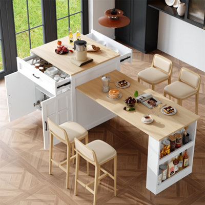 Abrihome Extendable Bar Table With StorageWith 2 Drawers And 4 CompartmentsExpandable Kitchen Island Table With Side ShelvesWhite from B&Q