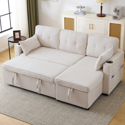 Abrihome L Shaped Sofa Bed With Storage Chaise3-In-1 Convertible Sectional Sleeper SofaIncludes Cup HoldersBeige from B&Q