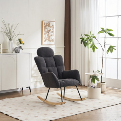 Abrihome Soft Teddy Fabric Tufted Upholstered Rocking Chair Padded Seat With Headrest For Living Room BedroomDark Grey from B&Q