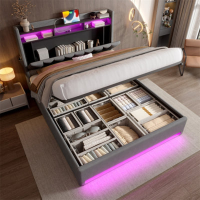 Abrihome 150X200Cm Padded Bed Frame With Led LightingUsb-C Charging & Hydraulic StorageUnder-Bed StorageWithout MattressDark Grey from B&Q