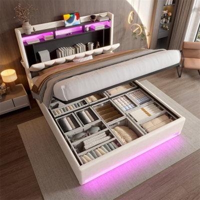 Abrihome 150X200Cm Padded Bed Frame With Led LightingUsb-C Charging & Hydraulic StorageUnder-Bed StorageWithout Mattress Beige from B&Q