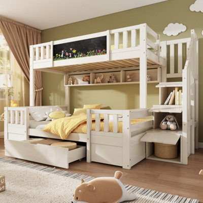 Abrihome Bunk Beds For Family With Multiple ChildrenStaircase Bunk With ChalkboardStairsDrawers & Chalkboard(90+135)X190 CmWhite from B&Q
