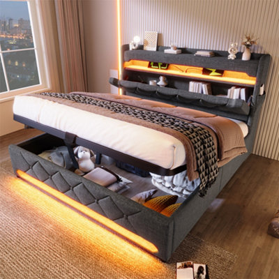 Abrihome Upholstered Bed 135X190 Cm With LedUsb-C Charging & Hydraulic StorageHeadboard For Cellphones And TabletsLinenGrey from B&Q