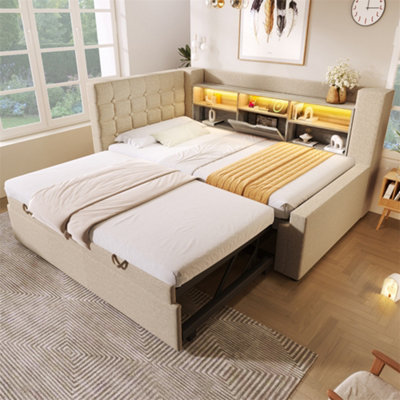 Abrihome Daybed Upholstered Bed 90 X 190 Cm3Ft Single Sofa Bed With StorageUsb &type C Charging StationPull Out TrundleBeige from B&Q