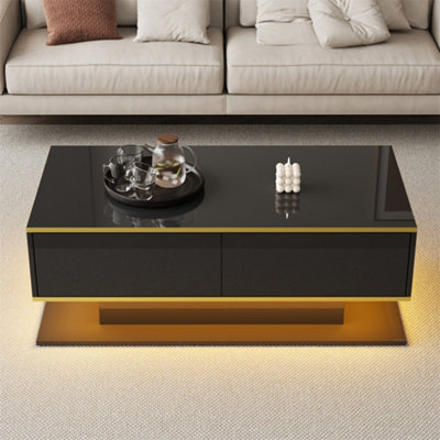 Modern LED Coffee Table with High-Gloss Finish, Gold Accents, 3 Drawers ...