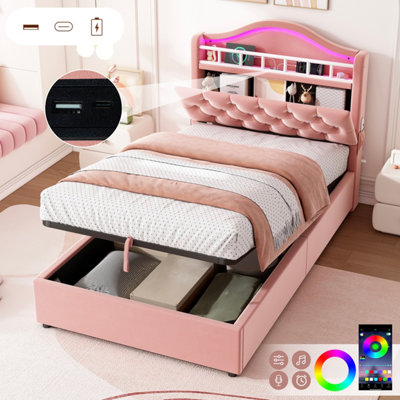 Abrihome 3Ft Single Hydraulic Bed In VelvetLed Bed Frame With Charging Station & Diamond Tufted HeadboardPink (No Mattress) from B&Q