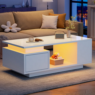 Abrihome High Gloss Coffee Table With Open Storage1 DrawerLed LightsSofa Side TableCoffee End Table For Living RoomOfficeWhite from B&Q