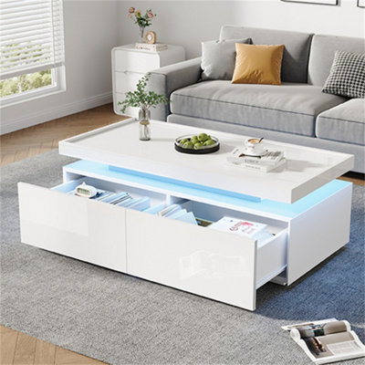 Abrihome High-Gloss Coffee Table With 2 DrawersLed LightsModern Centre TableTea Table For Living RoomOffice95X45X35CmWhite from B&Q