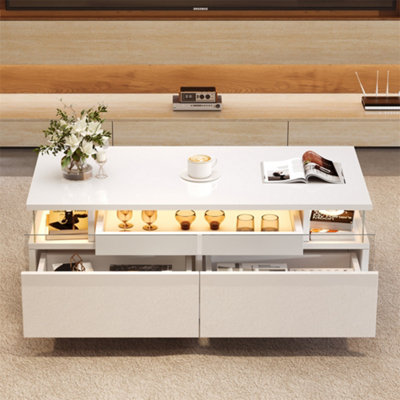 Abrihome High Gloss Coffee Table With 2 DrawerLed LightsPull-Out TraySofa Side TableCoffee End Table For Living RoomOfficeWhite from B&Q