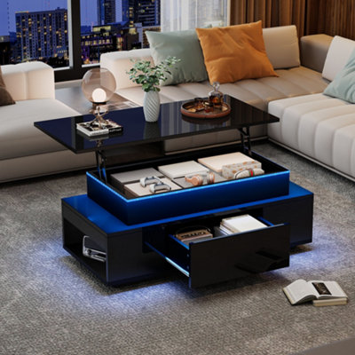 Abrihome Lift-Top Coffee TableHighgloss Centre Table With 1 Drawers & Led LightsHidden Storage SpaceTea TableFor LivingroomBlack from B&Q