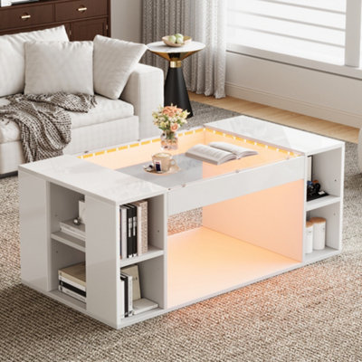 Abrihome High Gloss Coffee Table With Open StorageLed LightsCentre Table With Glass TabletopSofa Side TableWhiteMdf from B&Q