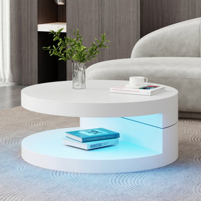 Abrihome Round Rotating Coffee Table With Led Lights360 Degree Rotating TabletopDouble-Layer Sofa SidetableMdfWhite from B&Q