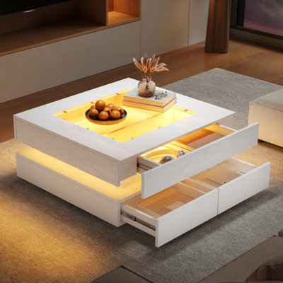 Abrihome Highgloss Coffee Table With 3 DrawersLed LightsSquare Centre Table With Glass TabletopSofa Side TableWhite from B&Q